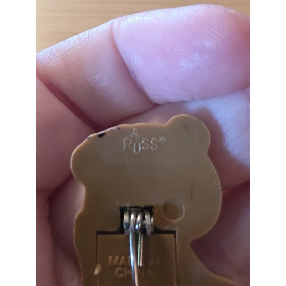 Vintage Russ PIN Christmas Girl Bear in Stocking 1980s Holiday Brooch Pin